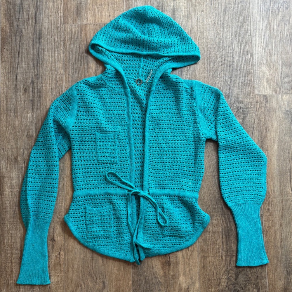 One Girl Who Turquoise Crochet Knit Hooded Tie Front Cardigan Sweater Small (S)